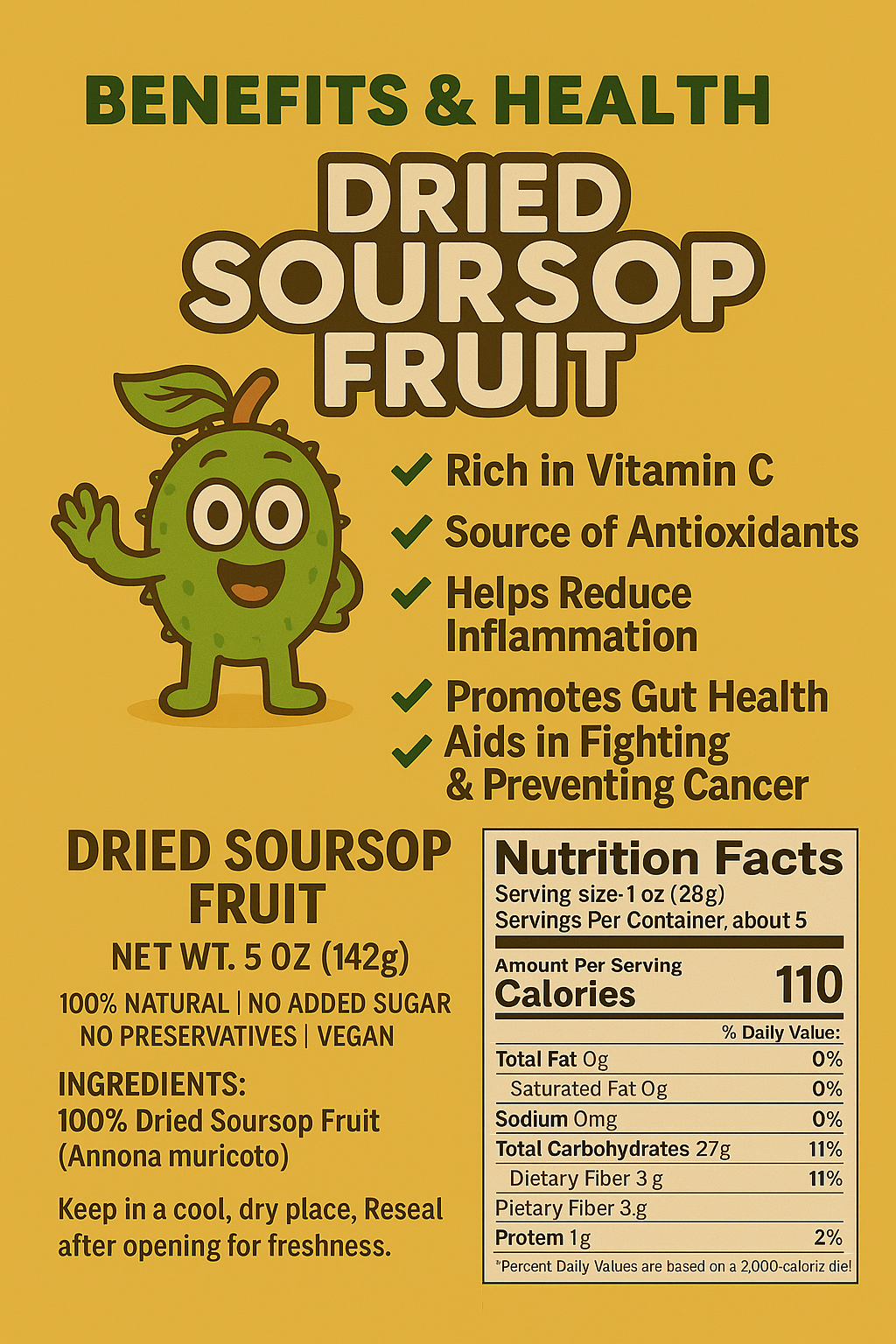 Premium Dried Soursop Fruit (5oz Bag) – 100% Natural, No Additives